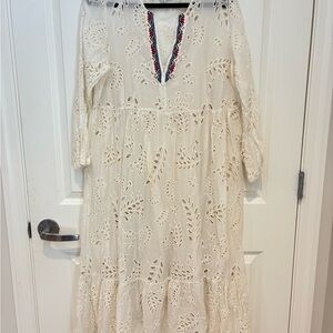 Johnny Was Cream Embroidered Midi Dress